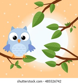 Colorful tree with cute owl. Cartoon bird in sunny forest. Flat vector illustration.