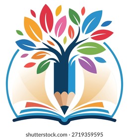 A colorful tree growing from an open book with a pencil as the trunk