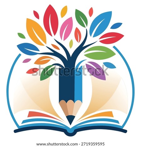 A colorful tree growing from an open book with a pencil as the trunk