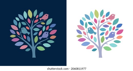 Colorful tree icon with birds, symbolising power of nature, happiness, wholeness and cheerfulness - adjustable vector image