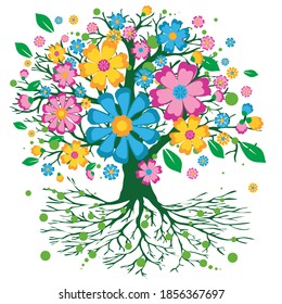 A colorful  tree of life with a crown full of colorful flowers. The background is white