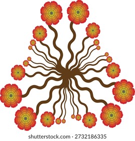 Colorido de un árbol con múltiples ramas onduladas y flores de color naranja