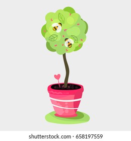 Colorful tree in pot with bees, berries and heart, cartoon style. Isolated on white bush