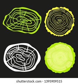 Colorful tree rings on black. Set of objects on isolation background. Print for polygraphy, posters, t-shirts and textiles