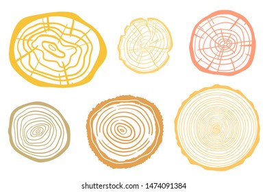 Colorful tree rings on isolated white. Set of objects on isolation background. Line art. Print for your design