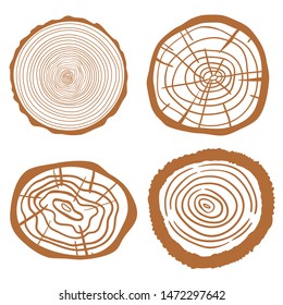 Colorful tree rings on white. Set of objects on isolation background. Line art. Print for your design