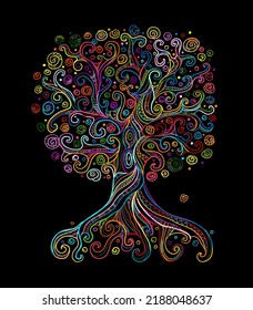 Colorful tree with roots on black background. Concept Art for your design. Design interior ideas.