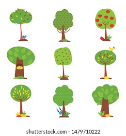 Colorful tree set. Green plants in different shapes with small funny animals such as owl or rabbit. Cute cartoon style. Flat icons. Isolated elements on white. Vector illustration for your design. 
