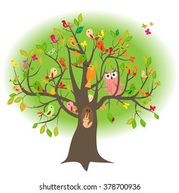 colorful tree with sitting on it, birds, owl, butterflies