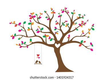 Colorful tree vector with Birds Couple Silhouette on swing, Tree of love. Birds on swing on branch, Wall Decor, Birds in love, Wall Decals, Art Decor isolated on white background. Romance