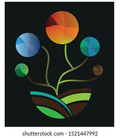 Colorful tree web button with landscape design, natural signs, environmentalist creative template, branch, arm etc.