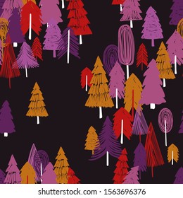Colorful trees background. Seamless pattern of wild forest. 