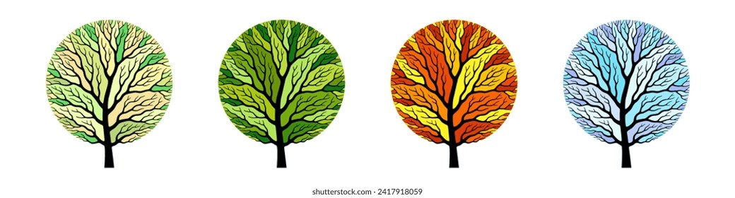 Colorful trees with branches shaped like circles, black silhouettes and multicolored crowns over white background. Set in seasonal specific colors. Creative decorative design