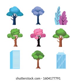 colorful trees and buildings icon set over white background, vector illustration