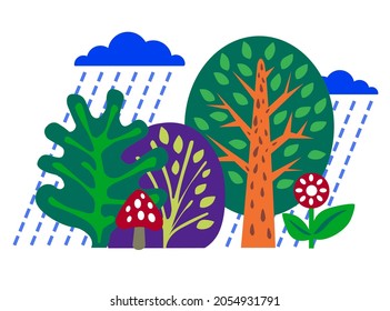 Colorful trees, bushes, flowers and mushrooms in the rain. Raindrops watered the plants. Natural landscape in cartoon flat style. Decorative drawing.