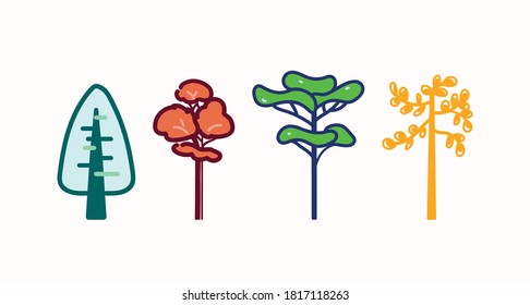 Colorful trees in cartoon or abstract styles, flat vector illustration art. Cute trees in winter or autumn.