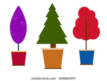 colorful trees in flower pots on white background vector set