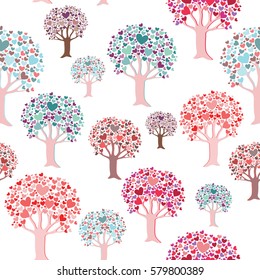 Colorful trees with heart leaves seamless pattern. Vector illustration on white background