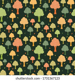 Árboles coloridos con hojas sin soldadura en fondo oscuro. Plantas verdes en tela interminable de jungla para papel pintado, envoltura y textil. Textura de repetición botánica.