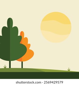 Colorful Trees Park Nature Landscape with Sun in Bright Sky