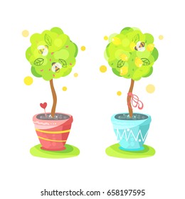 Colorful trees in pots with bee, berries, heart and ribbon. Lemon tree in pot, cartoon style