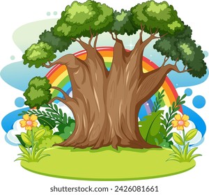 Colorful trees with rainbow and flowers vector.