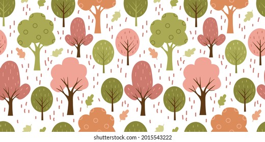 colorful trees in a repeat patterns. Nursery art background. Children's fabric pattern design.
