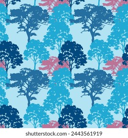 Colorful trees seamless pattern on light background. Forest blue pink botanical design for home textiles, interiors, cotton fabric, wrapping paper.