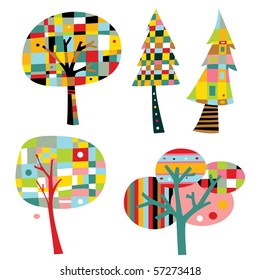 Colorful trees in a simple, geometric style.