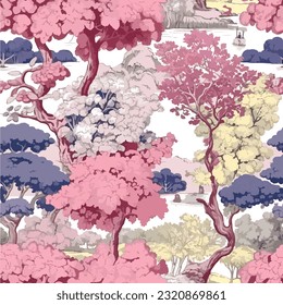 colorful trees in toile de jouy classic style illustration seamless pattern