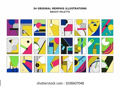 Colorful trend Neo Memphis geometric pattern set juxtaposed with bright bold blocks of color zig zags, squiggles, erratic images. Design background elements composition. Magazine, leaflet, billboard