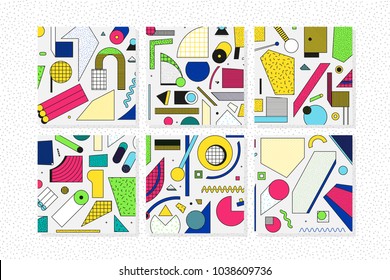 Colorful trend Neo Memphis geometric pattern set juxtaposed with bright bold blocks of color zig zags, squiggles, erratic images. Design background elements composition. Magazine, leaflet, billboard