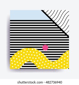 Colorful trend Neo Memphis geometric pattern juxtaposed with bright bold blocks of color zig zags, squiggles, erratic images. Design background elements composition. Magazine, leaflet, billboard
