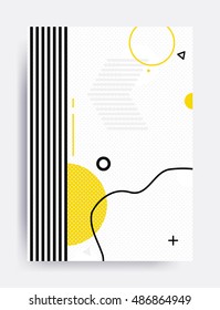 Colorful trend Neo Memphis geometric pattern juxtaposed with bright bold blocks of color zig zags, squiggles, erratic images. Design background elements composition. Magazine, leaflet, billboard