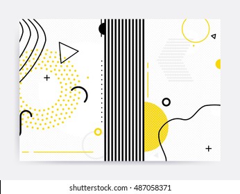 Colorful trend Neo Memphis geometric pattern juxtaposed with bright bold blocks of color zig zags, squiggles, erratic images. Design background elements composition. Magazine, leaflet, billboard