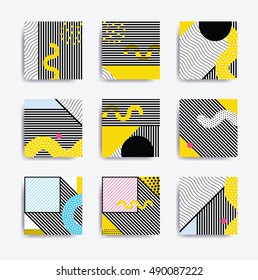 Colorful trend Neo Memphis geometric poster set juxtaposed with bright bold blocks of color zig zags, squiggles, erratic images. Design background elements composition. Magazine, leaflet, billboard