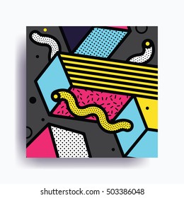 Colorful trend Neo Memphis geometric pattern juxtaposed with bright bold blocks of color zig zags, squiggles, erratic images. Design background elements composition. Magazine, leaflet, billboard