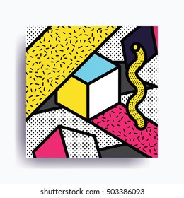 Colorful trend Neo Memphis geometric pattern juxtaposed with bright bold blocks of color zig zags, squiggles, erratic images. Design background elements composition. Magazine, leaflet, billboard