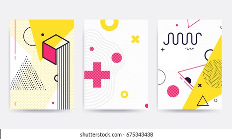 Colorful trend Neo Memphis geometric pattern set juxtaposed and bright bold blocks color zig zags  squiggles  erratic images  Design background elements composition  Magazine  leaflet  billboard