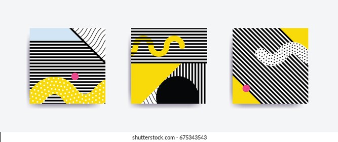 Colorful trend Neo Memphis geometric poster set juxtaposed with bright bold blocks of color zig zags, squiggles, erratic images. Design background elements composition. Magazine, leaflet, billboard