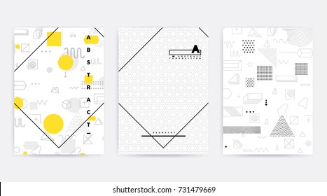 Colorful trend Neo Memphis geometric pattern set juxtaposed with bright bold blocks of color zig zags, squiggles, erratic images. Design background elements composition. Magazine, leaflet, billboard