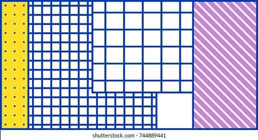 Colorful trend Neo Memphis geometric horizontal pattern juxtaposed with bright bold blocks of color zig zags, squiggles. Design background elements composition. Magazine, leaflet, banner