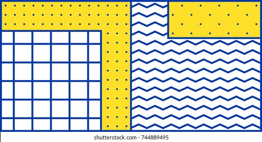 Colorful trend Neo Memphis geometric horizontal pattern juxtaposed with bright bold blocks of color zig zags, squiggles. Design background elements composition. Magazine, leaflet, banner