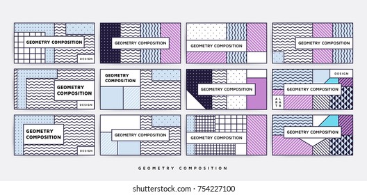 Colorful trend Neo Memphis geometric horizontal patterns set juxtaposed with bright bold blocks of color zig zags, squiggles. Design background, composition. Magazine, leaflet, banner