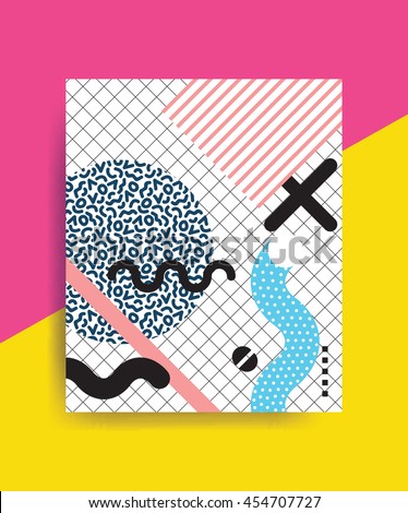Colorful trend Neo-Memphis geometric pattern juxtaposed with bright bold blocks of color zig-zags, squiggles, erratic images. Design background elements composition. Magazine, leaflet, billboard