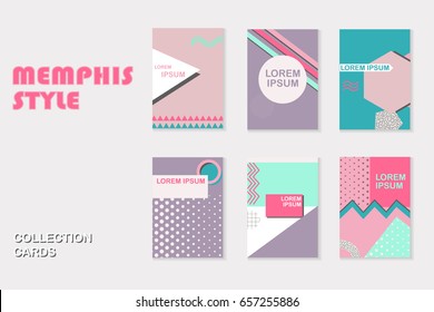 Colorful trend set of Memphis style cards, geometric poster set juxtaposed with colored blocks and Primitive figures. Design background elements composition. Magazine, leaflet, billboard