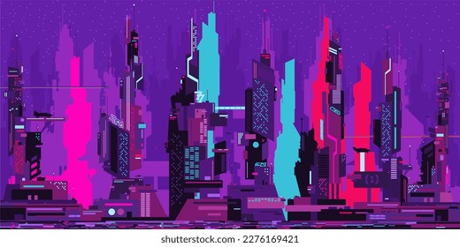Colorful Trendy Abstract Futuristic Sci-fi Cyber Space City Landscape Vector Illustration