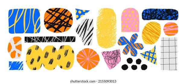Colorful trendy abstract geometric shape set with modern doodles and bright paint texture. Collage drawing style shapes collection on isolated white background.
