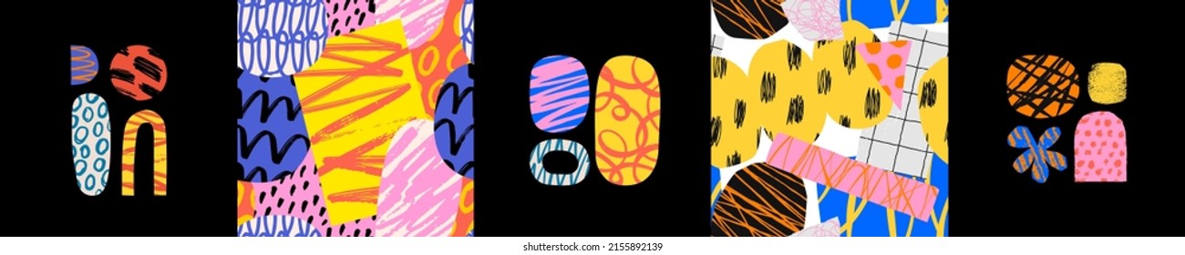 Colorful trendy abstract geometric shape background set with modern doodles and bright paint texture seamless pattern. Collage drawing style shapes backdrop collection.
