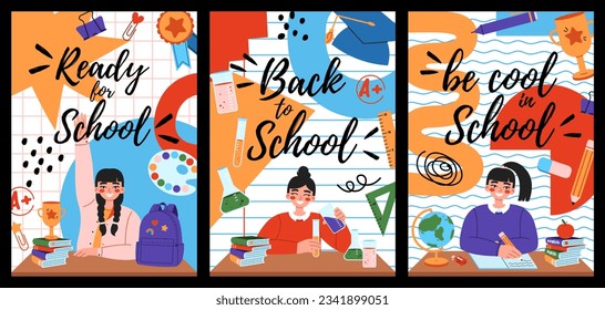 Colorful trendy Back to school posters design with school children and education accessories elements.